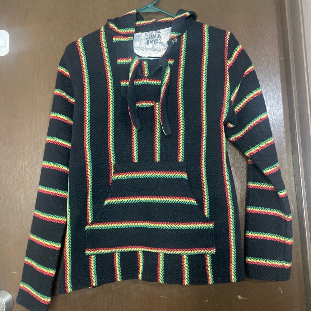 Sendra Black Knit Hoodie with Red, Yellow & Green Stripes